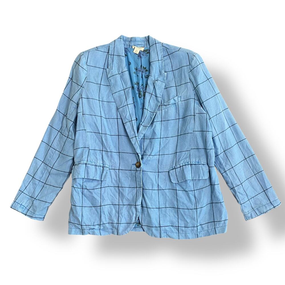 Sundance Linen Iris Blue Plaid Windowpane Blazer Womens Size PS‎ Preppy